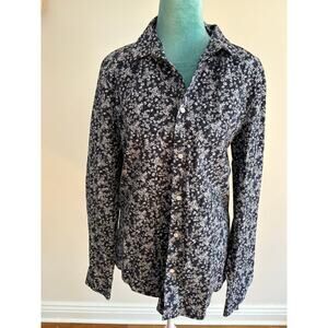 H&M Muscle Fit Floral Button Down Shirt Navy Blue White Dark Academia M cotton